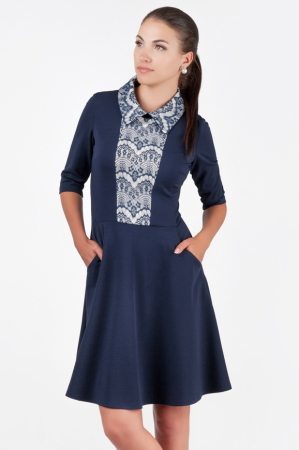 Офисное платье с расклешённой юбкой синего в горох цвета 1803.85|интернет-магазин vvlen.com