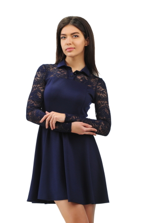 Офисное платье с расклешённой юбкой синего в горох цвета 2285.41|интернет-магазин vvlen.com