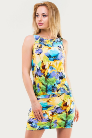 Летнее платье футляр желтого с фиолетовым цвета .1338.33|интернет-магазин vvlen.com