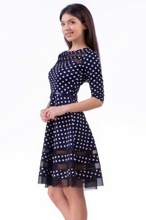 Коктейльное платье с расклешённой юбкой синего в горох цвета 1487.45d5|интернет-магазин vvlen.com