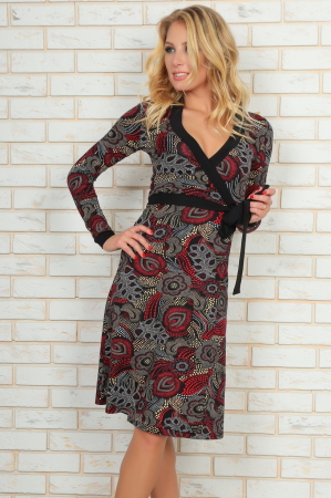 Повседневное платье с юбкой на запах бордового c черным цвета 441.17|интернет-магазин vvlen.com