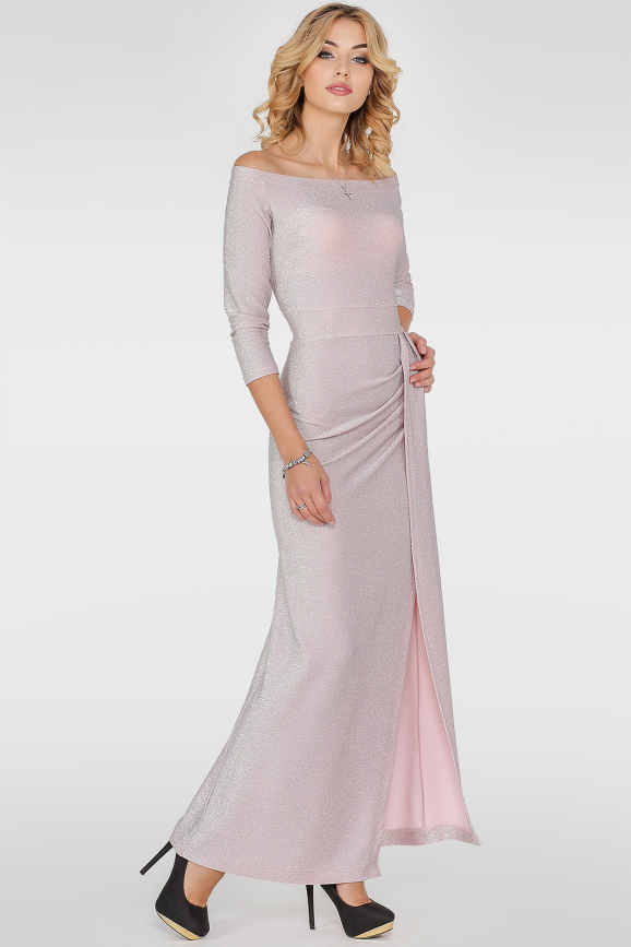 Вечернее платье с открытыми плечами серебристо-розового цвета 2790.98|интернет-магазин vvlen.com
