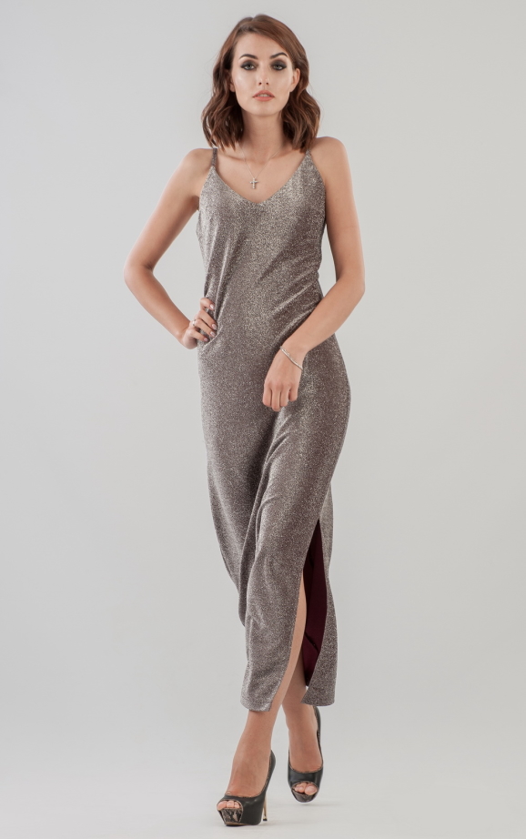 Коктейльное платье-комбинация серебристо-бордового цвета 2629.98|интернет-магазин vvlen.com