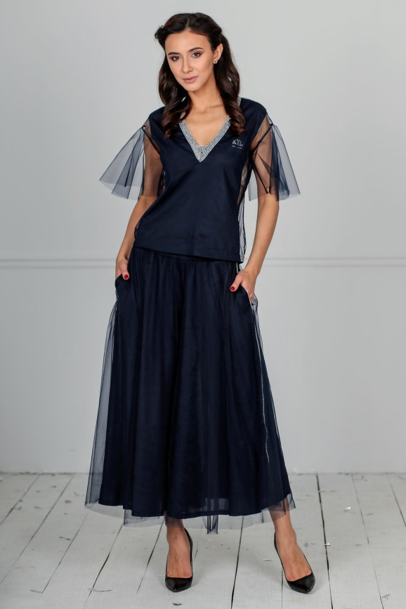 Женский костюм с юбкой-брюки темно-синего цвета kl  186-187|интернет-магазин vvlen.com