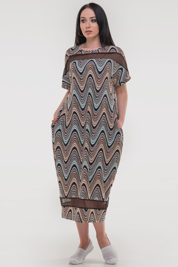 Летнее платье оверсайз коричневого с бирюзовым цвета 2711-1.17|интернет-магазин vvlen.com