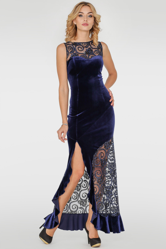 Вечернее платье с длинной юбкой синего цвета 2767-1.26|интернет-магазин vvlen.com