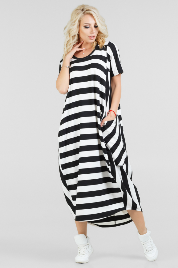 Летнее платье балахон черного с белым цвета 2675-1.17|интернет-магазин vvlen.com