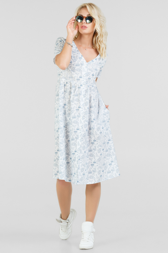 Летнее платье с пышной юбкой белого с синим цвета 2694.24|интернет-магазин vvlen.com