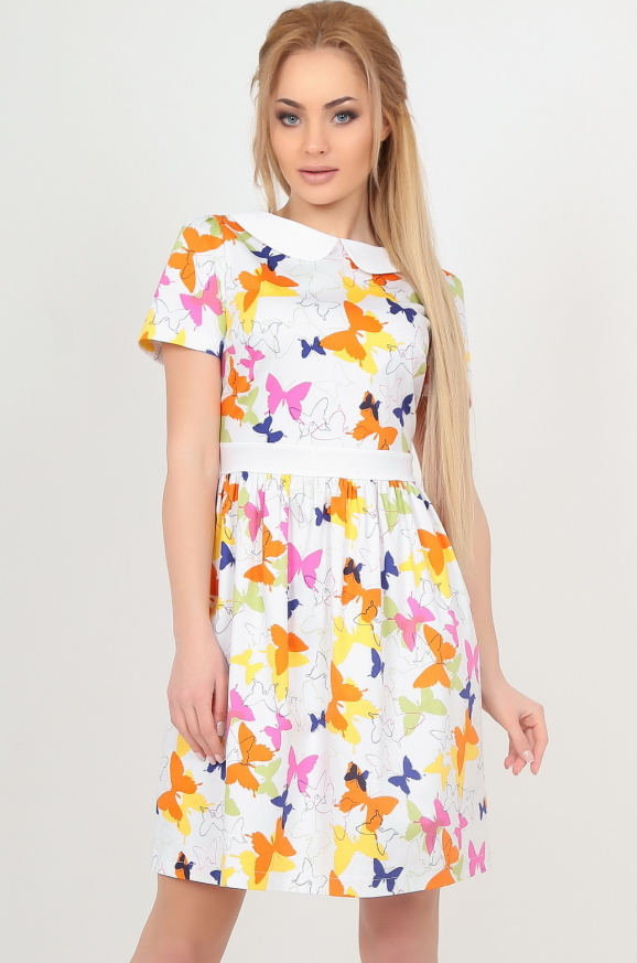 Летнее платье с пышной юбкой белого с оранжевым цвета 2559.9|интернет-магазин vvlen.com