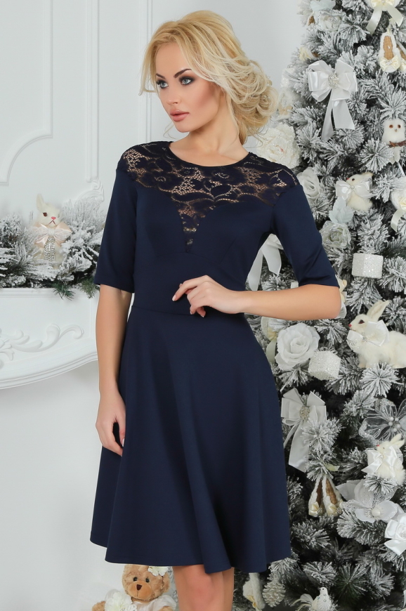 Коктейльное платье с расклешённой юбкой темно-синего цвета 1666.47|интернет-магазин vvlen.com