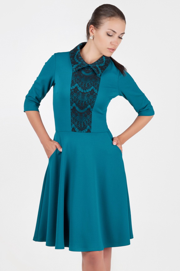 Офисное платье с расклешённой юбкой морской волны цвета 1803.85|интернет-магазин vvlen.com