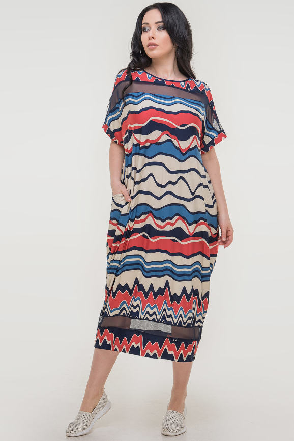 Летнее платье оверсайз синего с красным цвета 2711-1.5|интернет-магазин vvlen.com