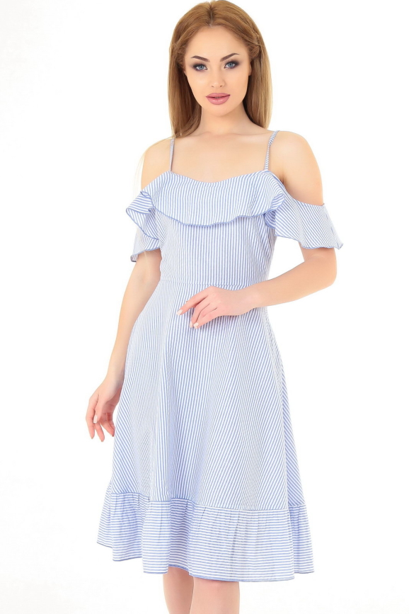 Повседневное платье с расклешённой юбкой голубой полоски цвета 2562-1.93|интернет-магазин vvlen.com