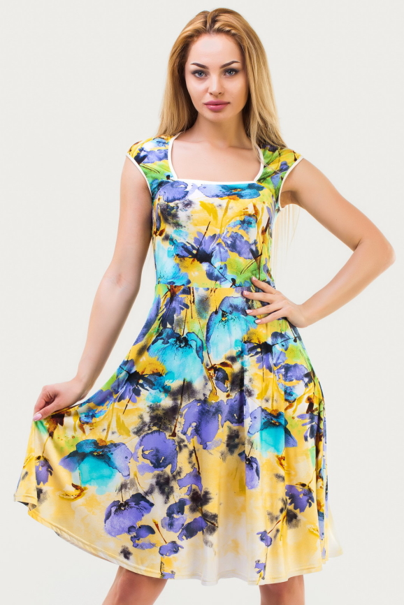 Летнее платье с расклешённой юбкой желтого с голубым цвета 1329.33|интернет-магазин vvlen.com