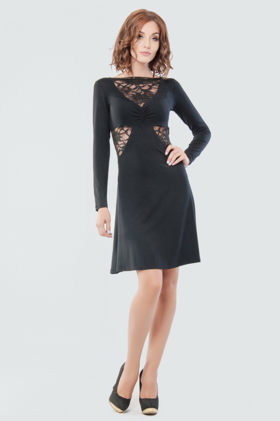 Коктейльное платье с расклешённой юбкой черного цвета 865.17|интернет-магазин vvlen.com